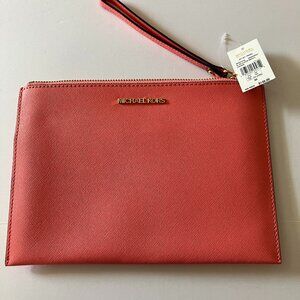 Michael Kors Jet Set Travel Zip Clutch Wristlet Leather Luggage Grapefruit NWT